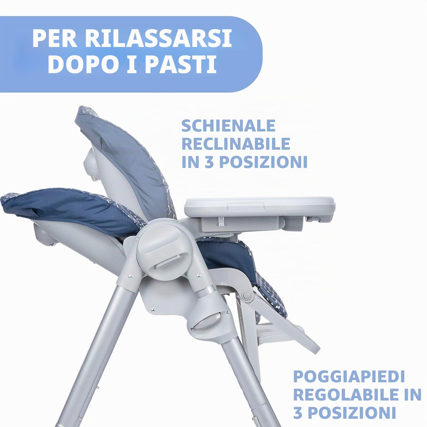 Chicco Polly Easy Seggiolone Pappa Evolutivo per Bambini da 6 Mesi a 3 Anni (15 kg), Reclinabile a Sdraietta, 4 Ruote - Pinguin, Blu