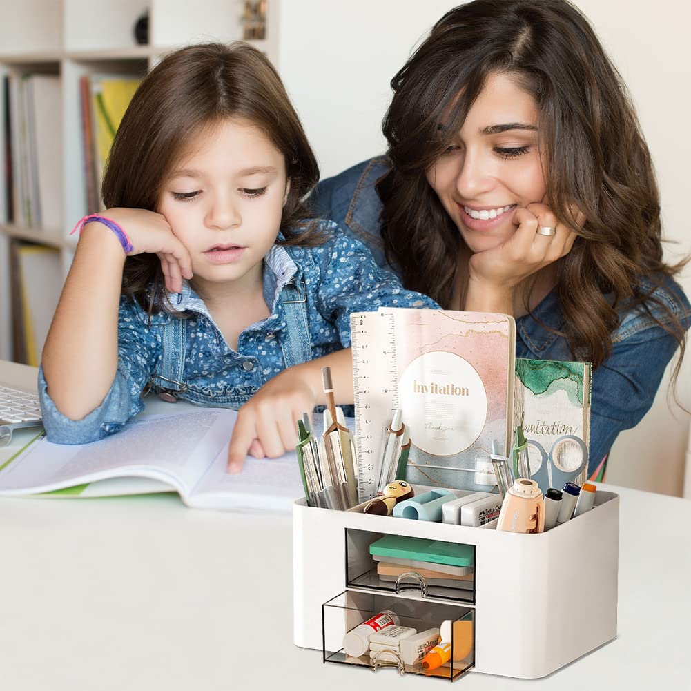 Organizer Da Scrivania Con Cassetto - Portapenne Multifunzione 7 Scomparti In Plastica Per Ufficio E Casa (Blu) - Foto 9