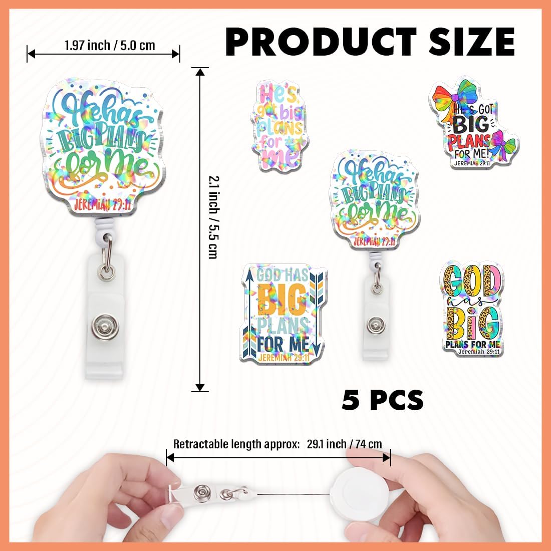 (5Pcs) Jeremiah 29 11 He's Got Big Plans for Me Holographic Christian Badge Reels, Inspirational Retractable ID Holder Clip, Faith Gifts for Nurse Teacher Student Office Worker - Image 2