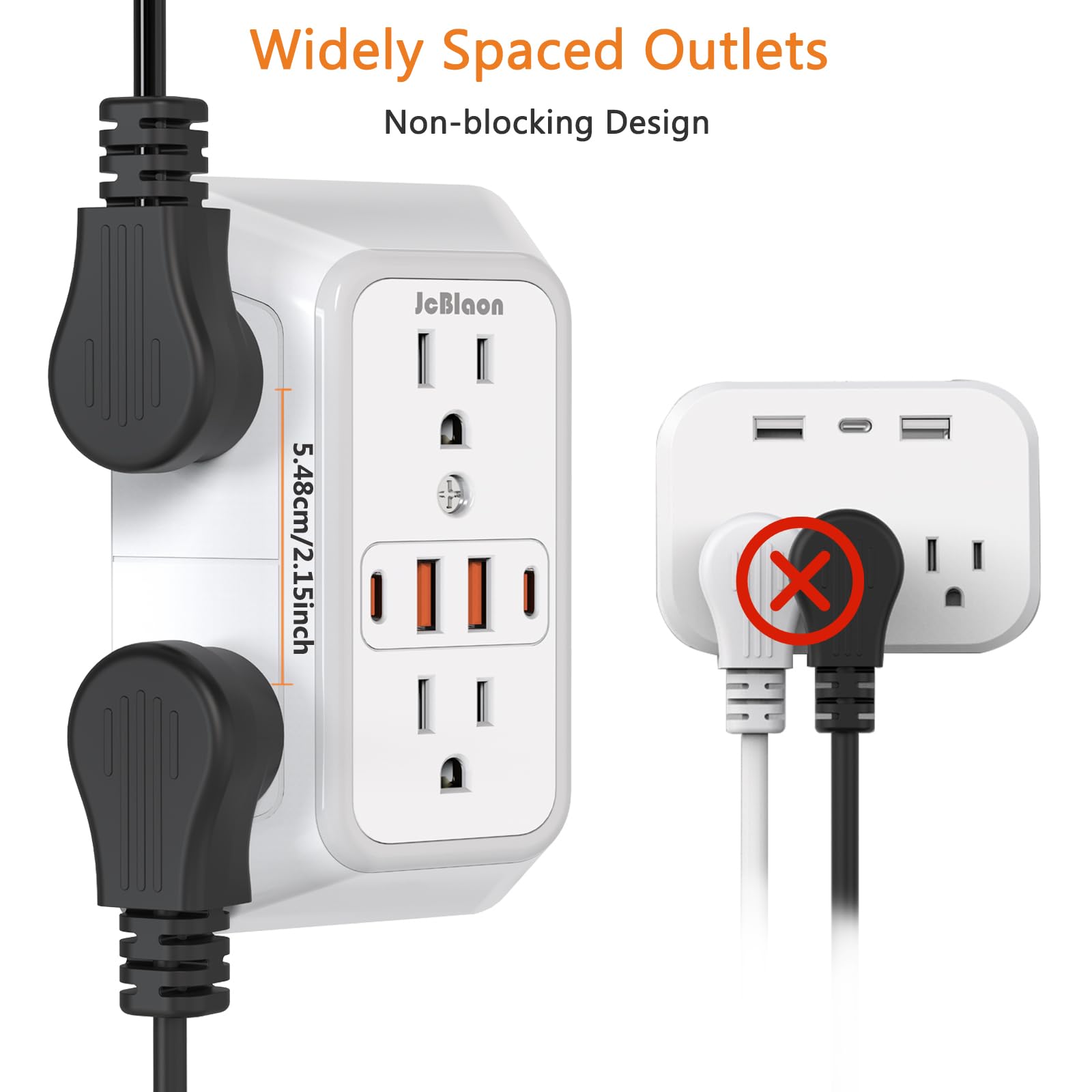 JcBlaon Chargeur mural USB, filtre de ligne, parasurtenseur avec 4 ports (2C), prise d'extension, multiprise, adaptateur d'espacement pour la maison, le bureau et les voyages, blanc