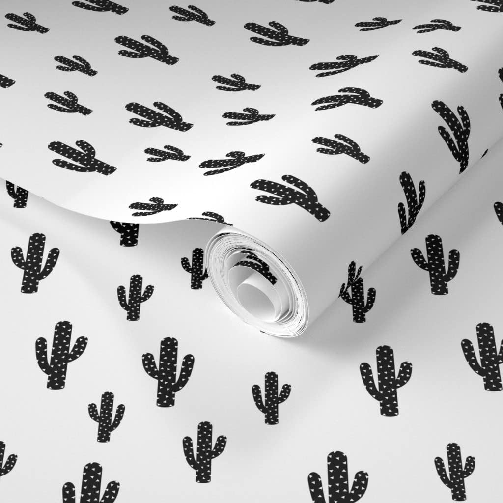Removable Wallpaper 6ft x 2ft - Black Cactus White Kids Monochrome Plants Desert Southwestern Boho Triangles Nature Hipster Custom Pre-Pasted Wallpaper by Spoonflower