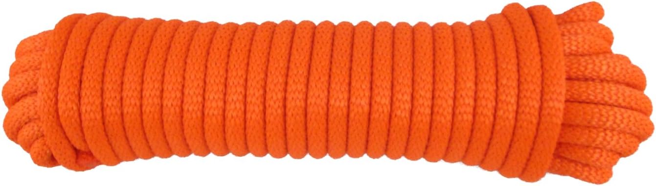 3/8 inch Neon Orange Dacron Polyester Rope - 50 Foot | Solid Braid - High Visibility - High UV and Abrasion Resistance - Low Stretch