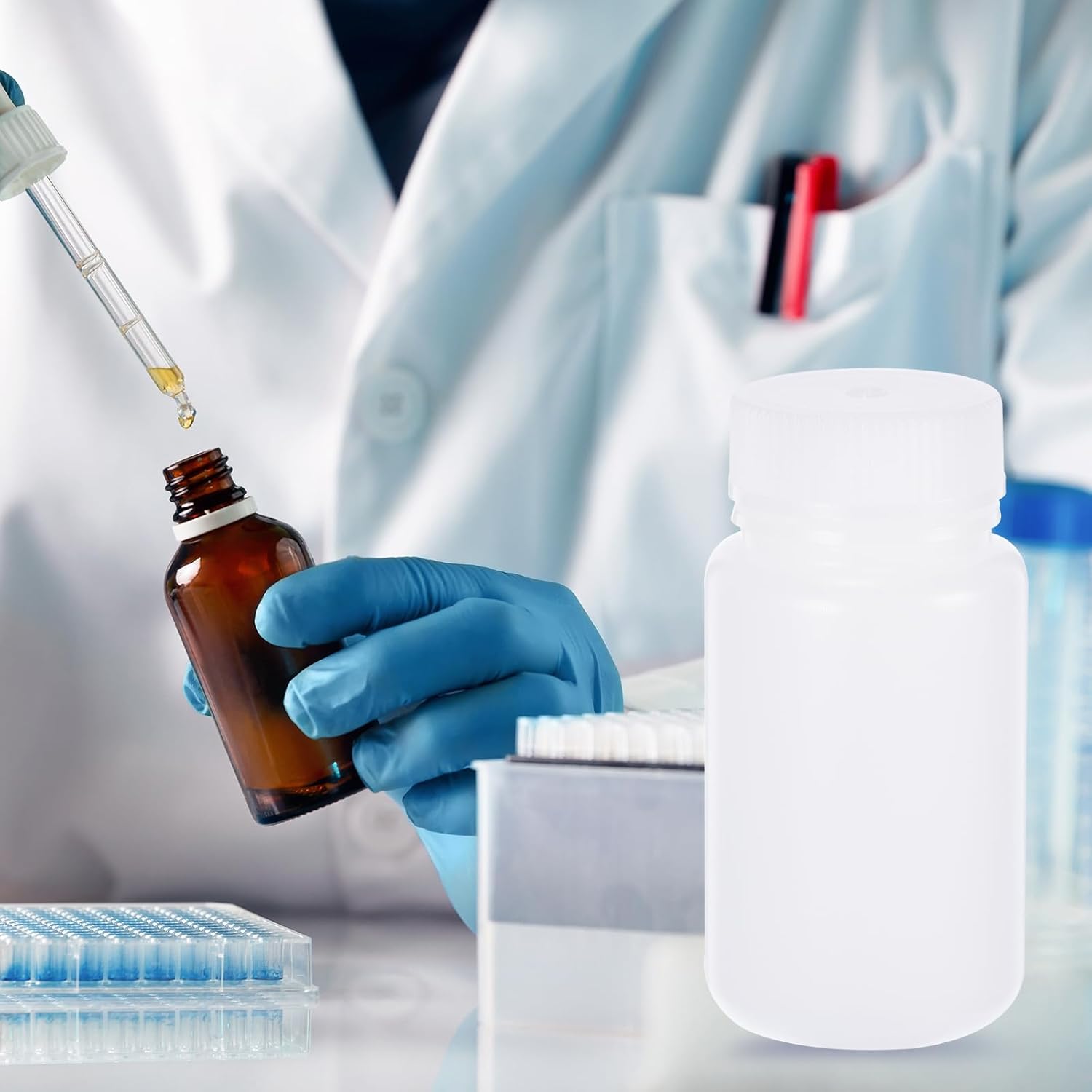 PATIKIL 56 Pcs 125ml Reagent Bottles, HDPE Wide Mouth Round Bottles with Screw Cap for Lab Water Reagent Liquids Solid Sample Storage Seal, Translucent White