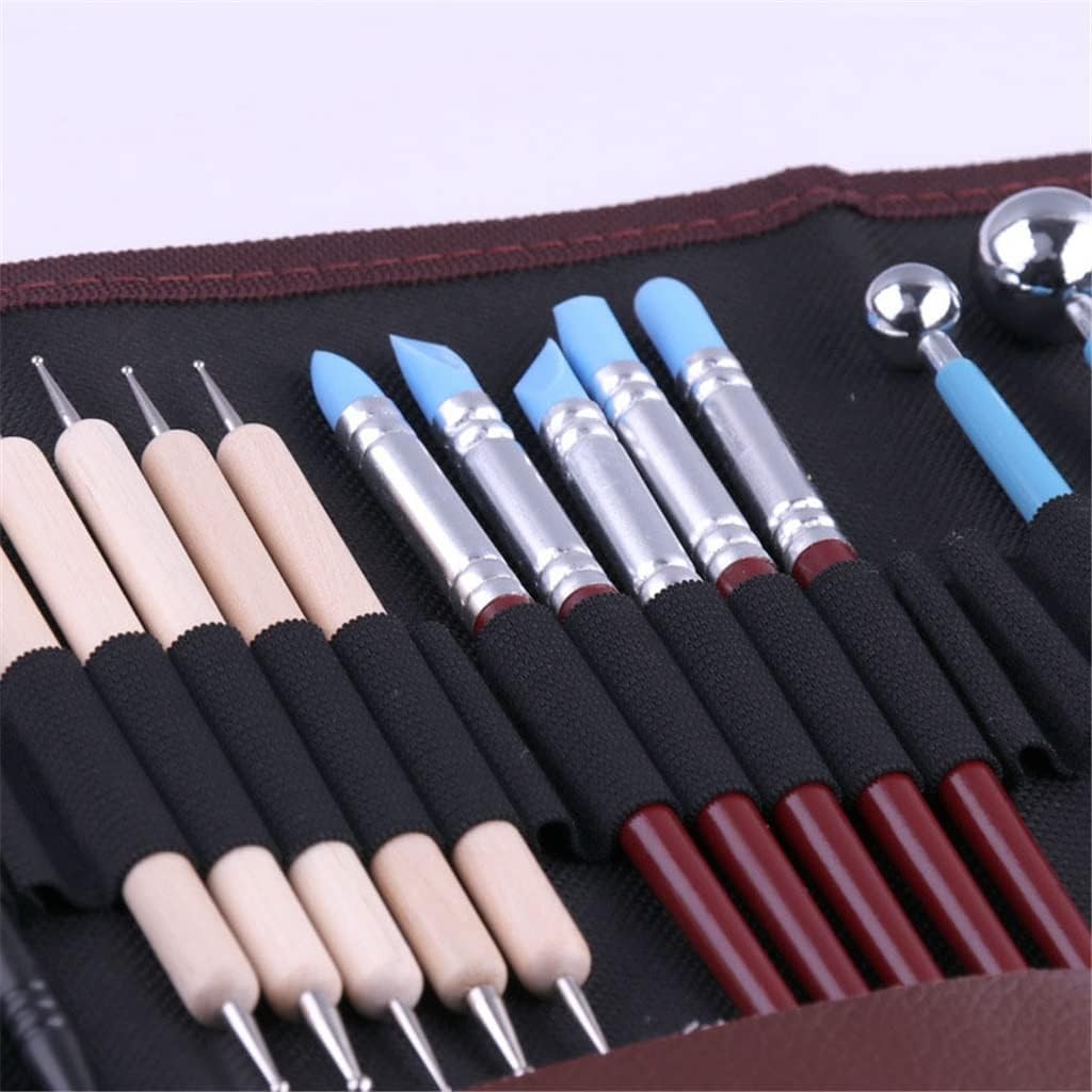 Tools Clay Sculpting Tools with Canvas Roll-Up Bag, Ceramic Pottery Carving Tool Set with Wooden Handle for Polymer Sculpture Modeling