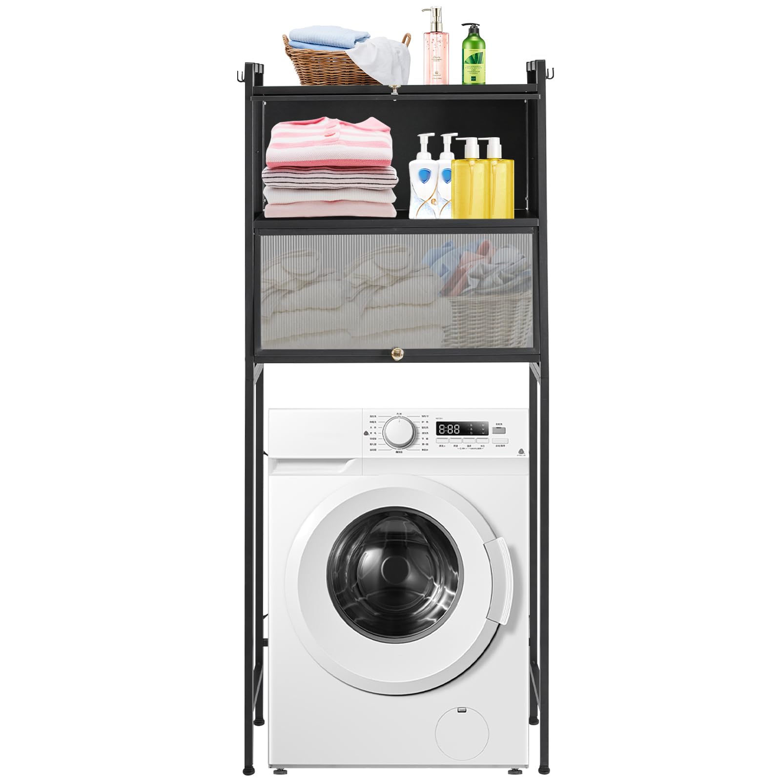 Estantería de almacenamiento sobre lavadora, estantería de baño de acero al carbono, 2 niveles, estantería para lavadora con 6 ganchos extraíbles, organizador de baño para lavadora y secadora (negro)
