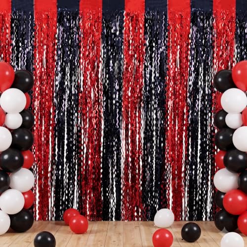 Image of TONIFUL 2Pcs Wavy Black Red Metallic Foil Fringe Curtain Laser Streamers