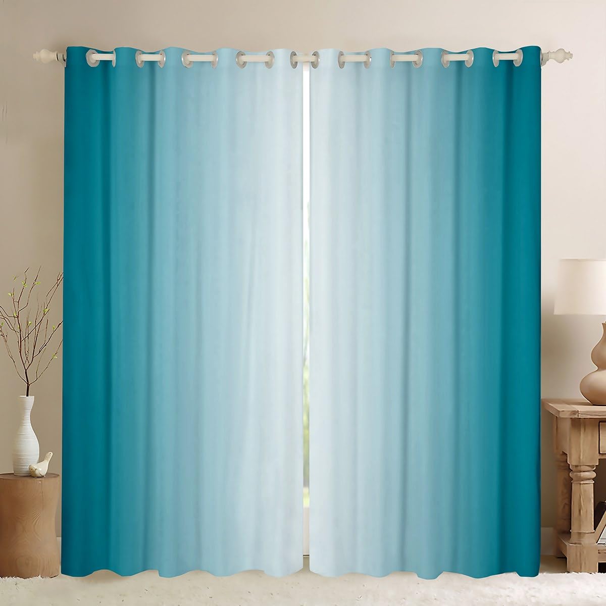 Homemissing Teal Blue Darkening Drapes Gradient Style Curtains for Bedroom Living Room For Kids Women Men Ombre White 30%-50% Blackout Curtains Geometric Window Treatments W46*L54