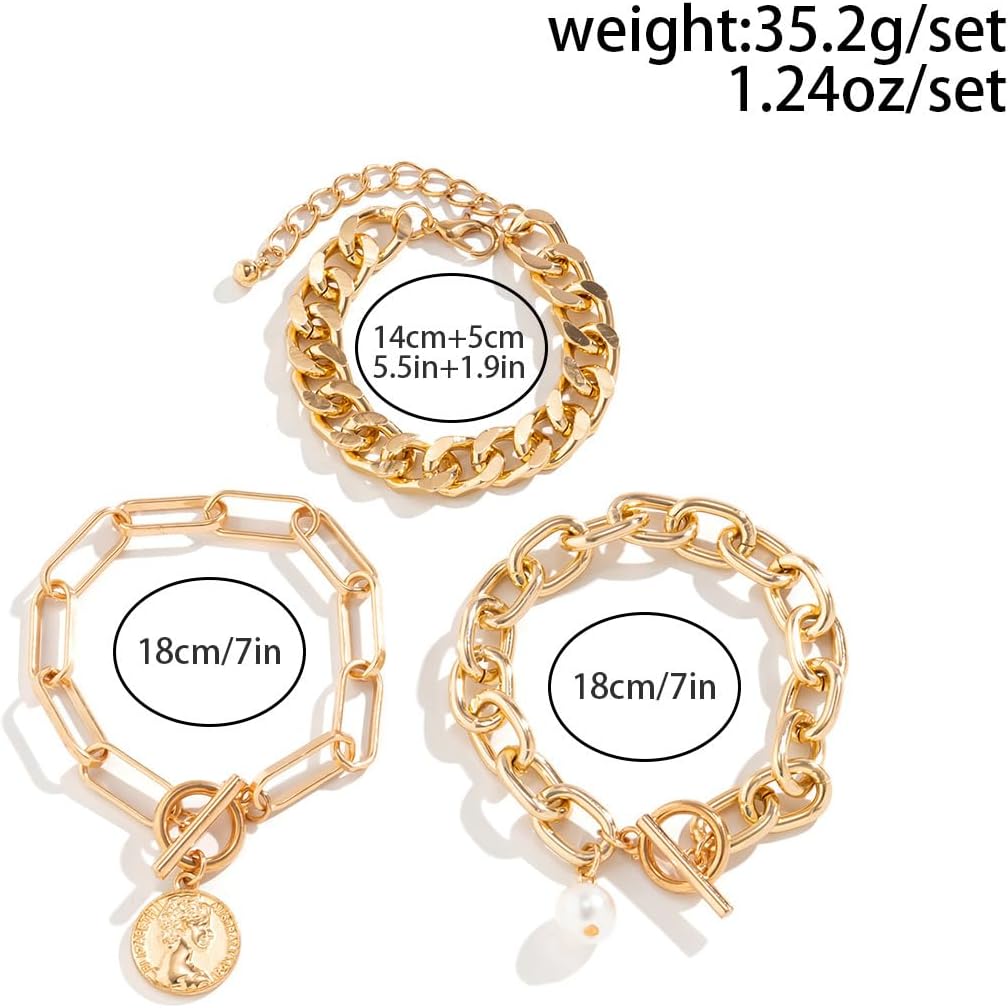 Chunky Gold Bracelets for Women Trendy Stacked Chunky Pearl Bracelets Golden Pearls OT Clasp Bracelet Chain Portrait Pendant Bracelet Gold and Pearl Pirates Jewelry Set