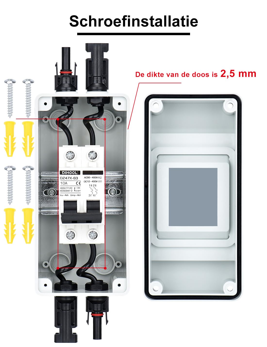 DIHOOL Odłącznik DC PV, wyłącznik nadmiarowy, automatyczny bezpiecznik, 2-biegunowy, 10A, 12V (12V-400V) z kablem, wtyczka solarna, IP65, wodoszczelna obudowa