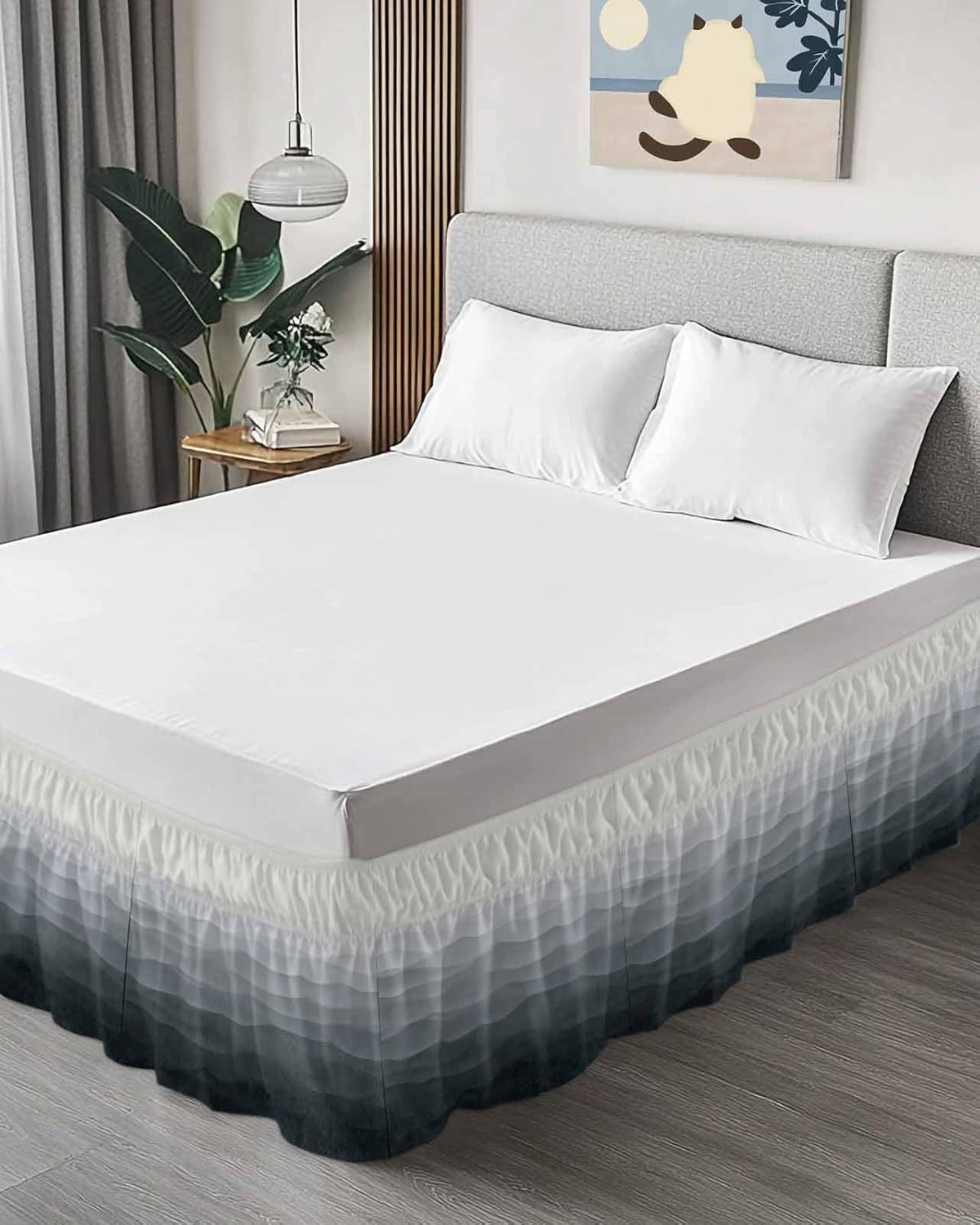 Blue Coastal Wave Bed Skirt King Size 16 Inch Drop, Adjustable & Elastic Wrap Around Bed Skirts Pleated Luxury Dust Ruffles for Twin Full Queen Cal King Base Bed, Summer Ocean Nautical Beach Ombre