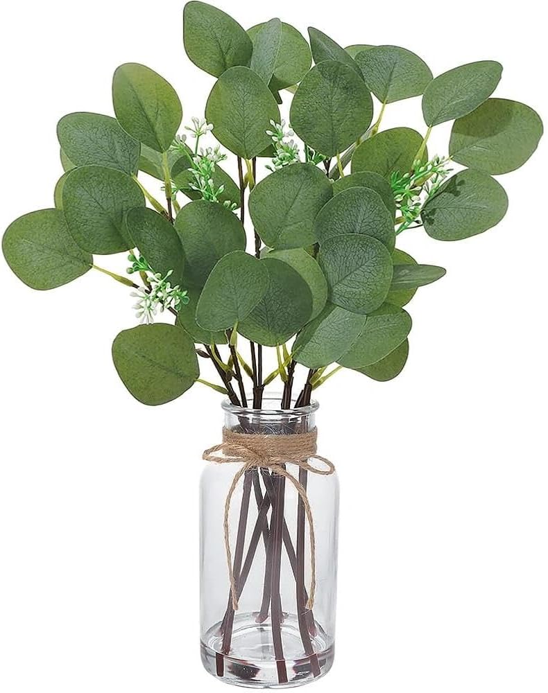 Zhuqing Artificial Eucalyptus Stems in Glass Vase with Faux Water, 14" Fake Plant Eucalyptus Leaves for Home Bathroom Office Farmhouse Wedding Centerpiece Decoration(White Green)