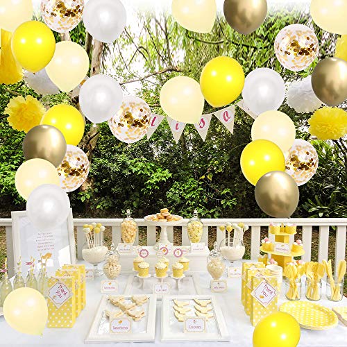 Image of KBZVNAF Yellow White Gold Confetti Balloons - 60 Pack 12 inch Pastel Yellow Latex Party Balloon for Sunflower Honeybee Theme, Birthday, Baby Shower, Wedding Decorations
