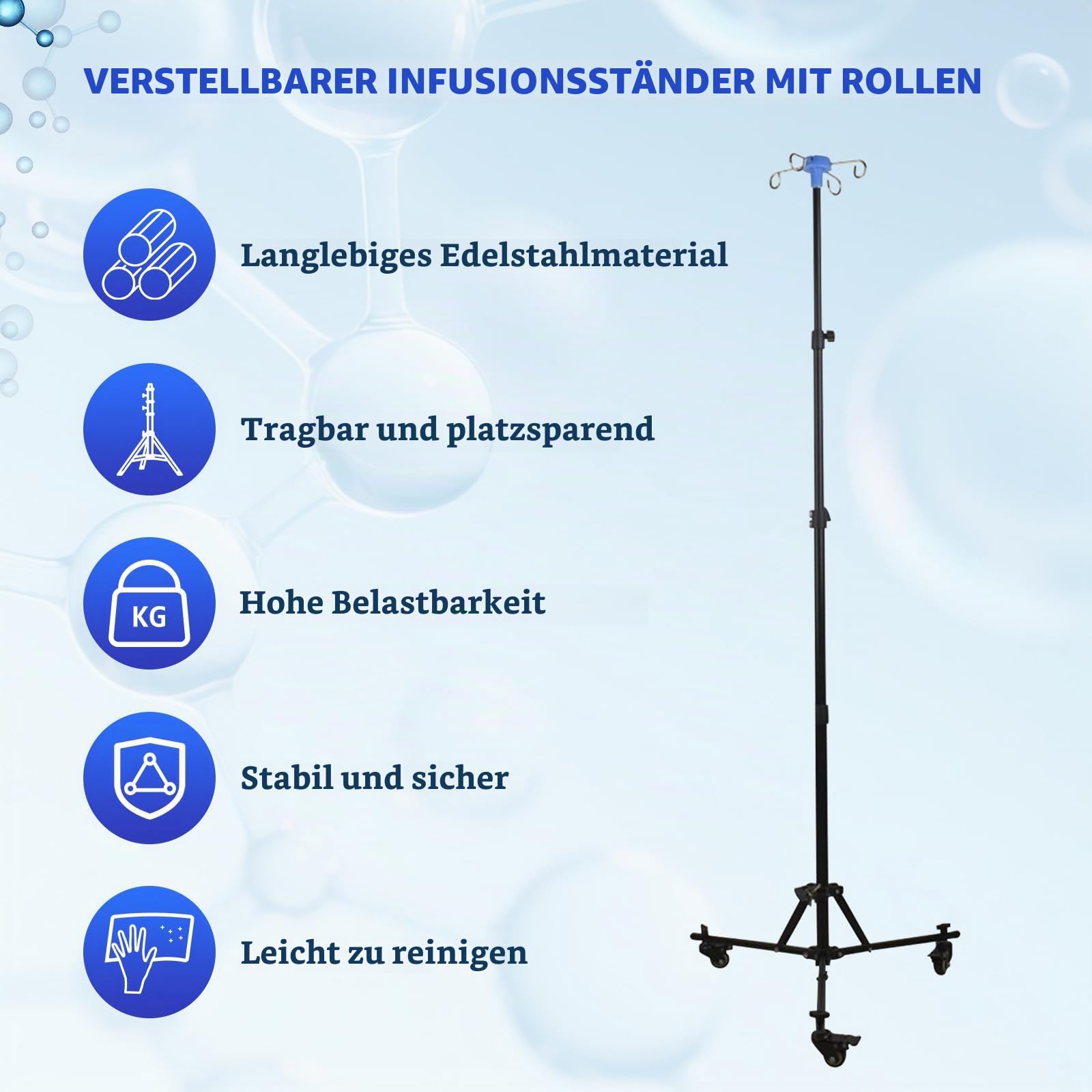 Infusionsständer,Verstellbarer Infusionsständer mit Rädern | Faltbare IV-Stange,Höhenverstellbar,mit 4 Haken und 3 Netzbeuteln, für Krankenhaus Und Häusliche Pflege