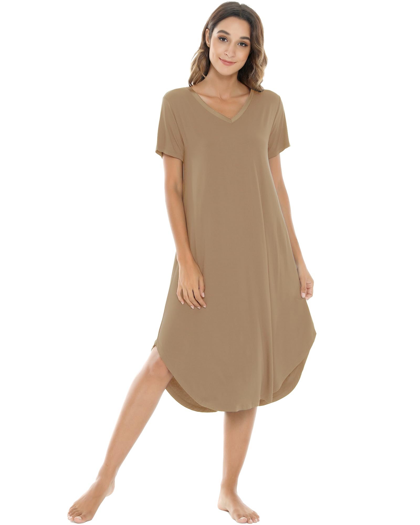 NACHILA Bamboo Viscose Nightgowns for Women Cooling Short Sleeve Sleepshirt | Soft V Neck Night Gowns, Moisture-Wicking Sleepwear for Hot Flashes &amp; Night Sweats, Ladies Nightshirts for Sleep, Home, Gift