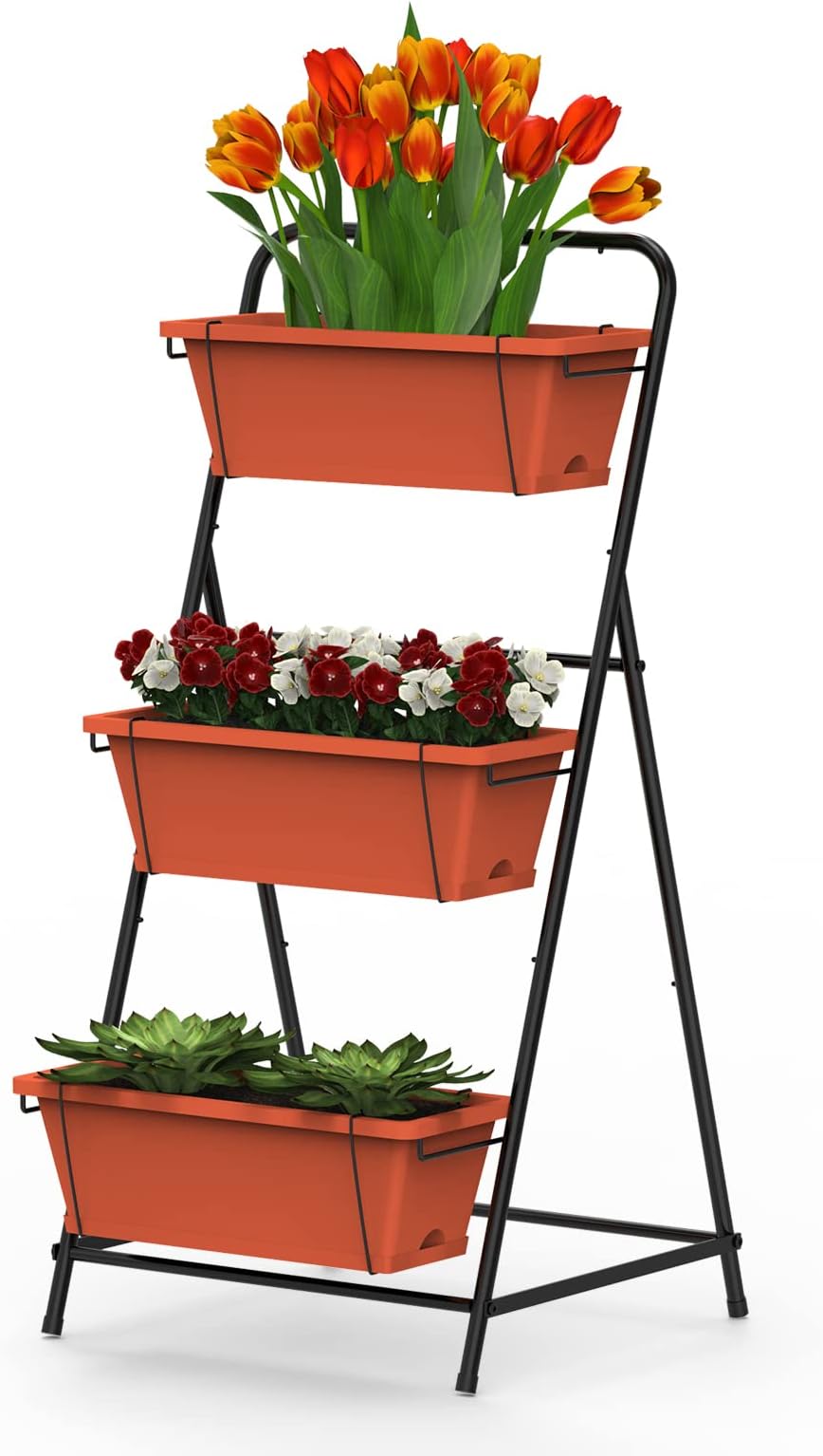 Vertical Garden Planter 3 Tier Vertical Raised Garden Bed Freestanding Elevated Planter Bed with Planter Box and Tray for Indoor and Outdoor Perfect for Vegetables Flowers Herbs Plants Brick Red