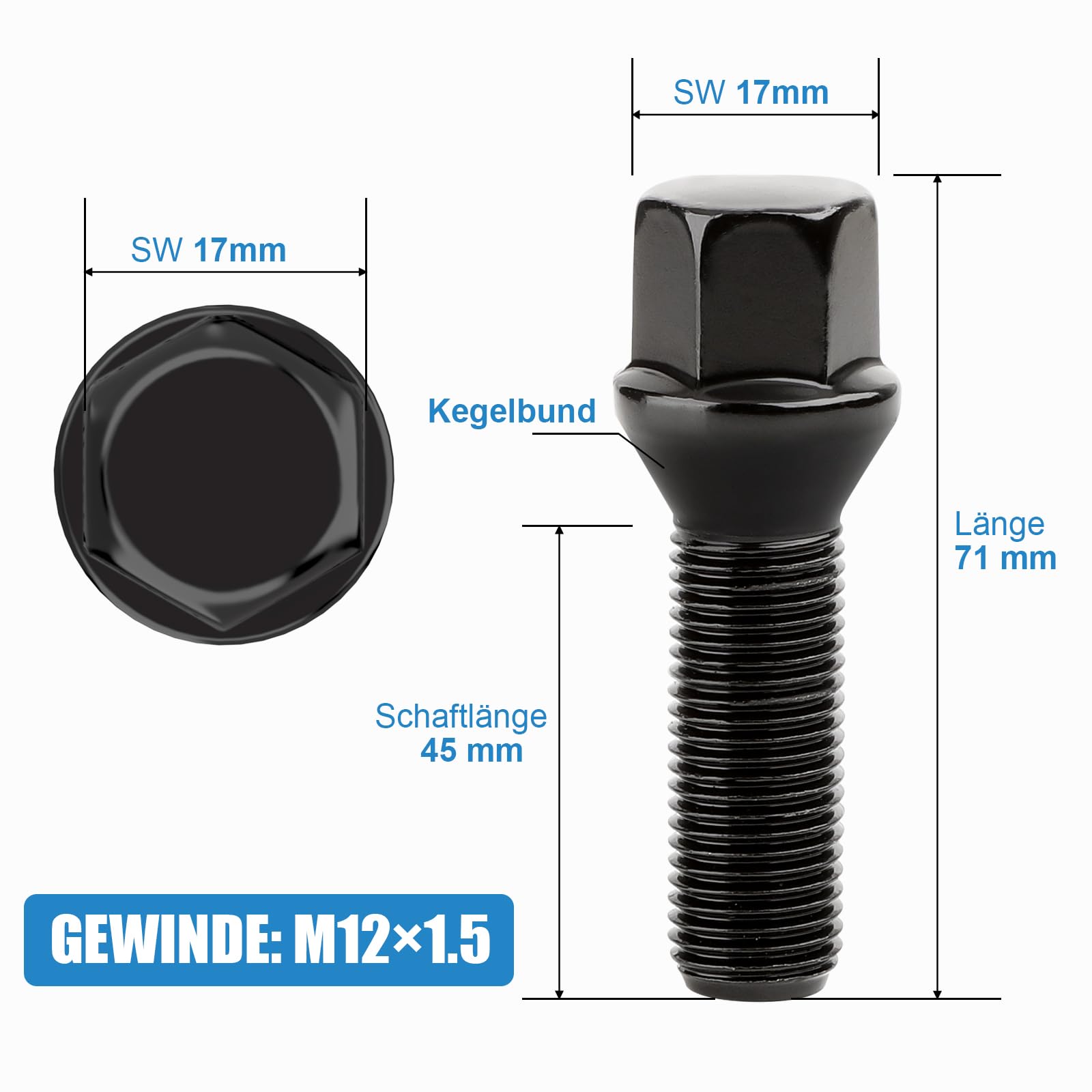 Komplet 20 śrub koła M12x1,5 x45mm do felg – łeb stożkowy 60° klucz 17mm – BMW