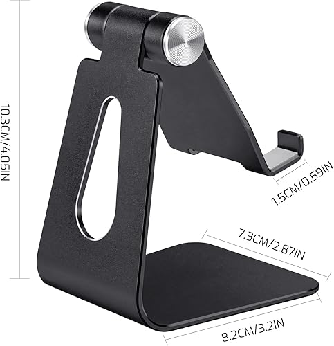 Miniatura 2 de Soporte plegable negro para teléfono celular de aleación de aluminio, soporte de teléfono de metal de mesa con ángulo ajustable por eje giratorio,