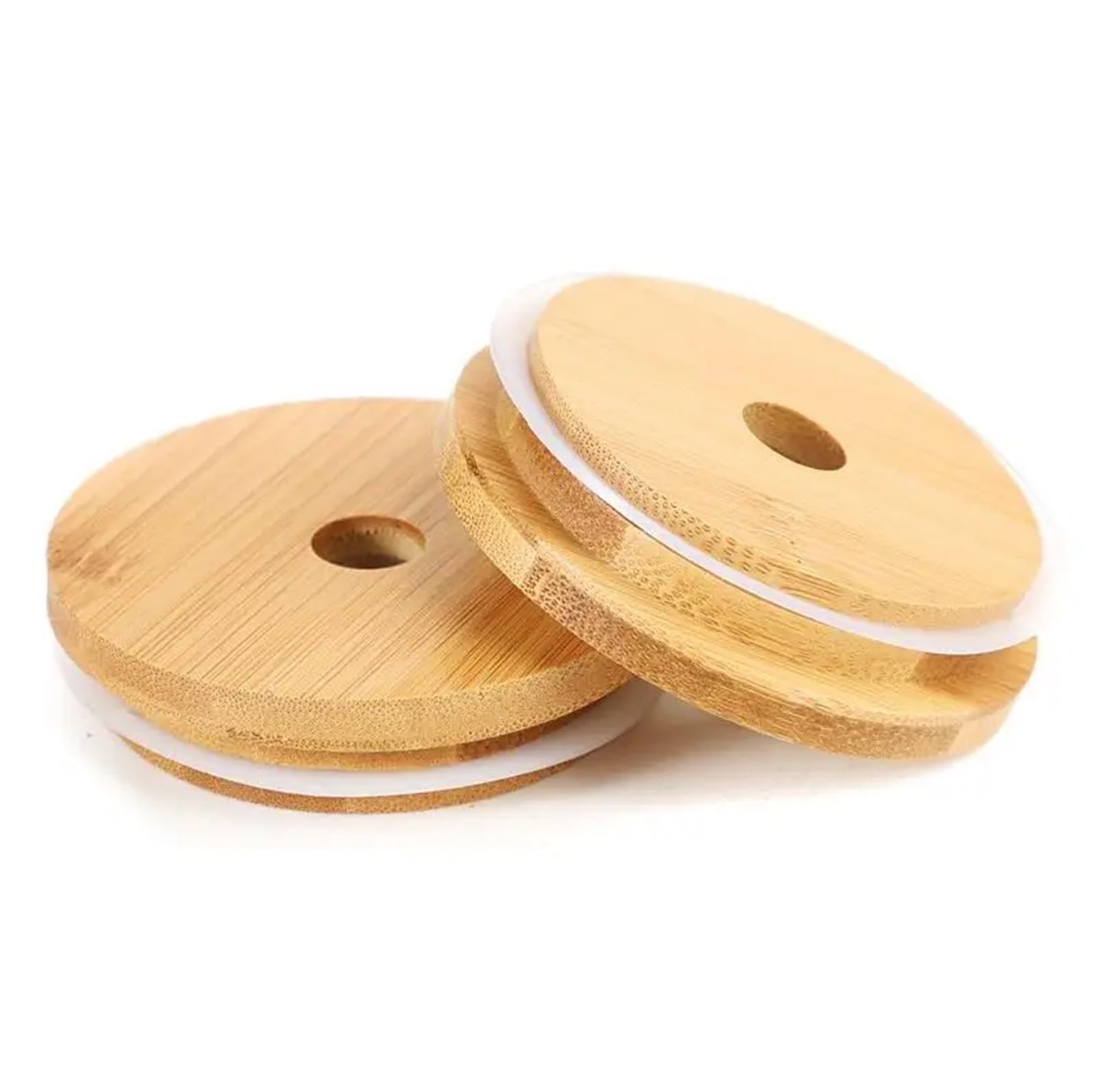 20 coperchi per tazze in vetro di bambù, 70 mm, 86 mm, riutilizzabili, in legno, con foro per cannuccia, guarnizione in silicone