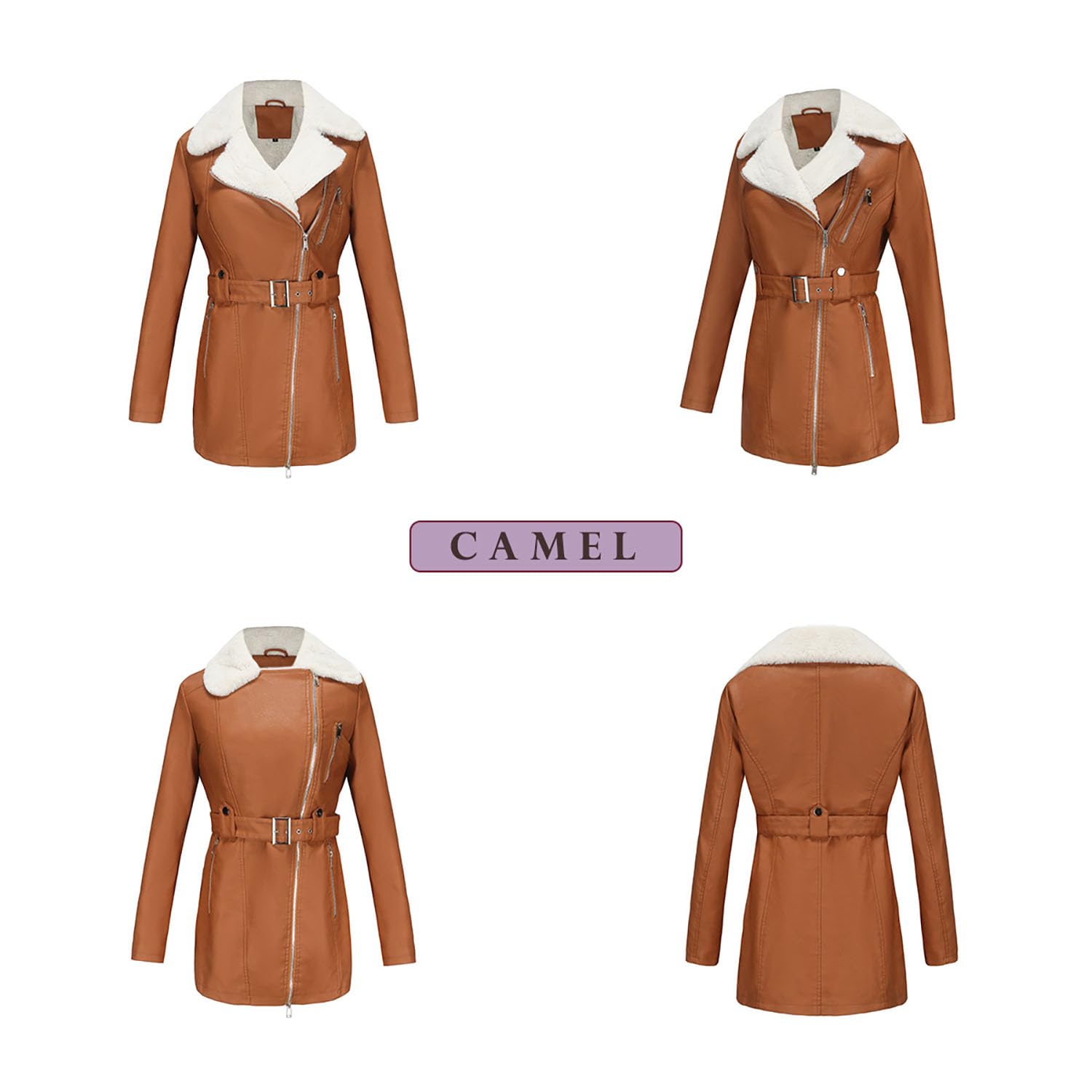 Damen Moto Biker Jacke Aus Kunstleder Langärmlig mit Gürtel Reißverschluss Sherpa-gefütterter Trenchcoat Lässige Oberbekleidung