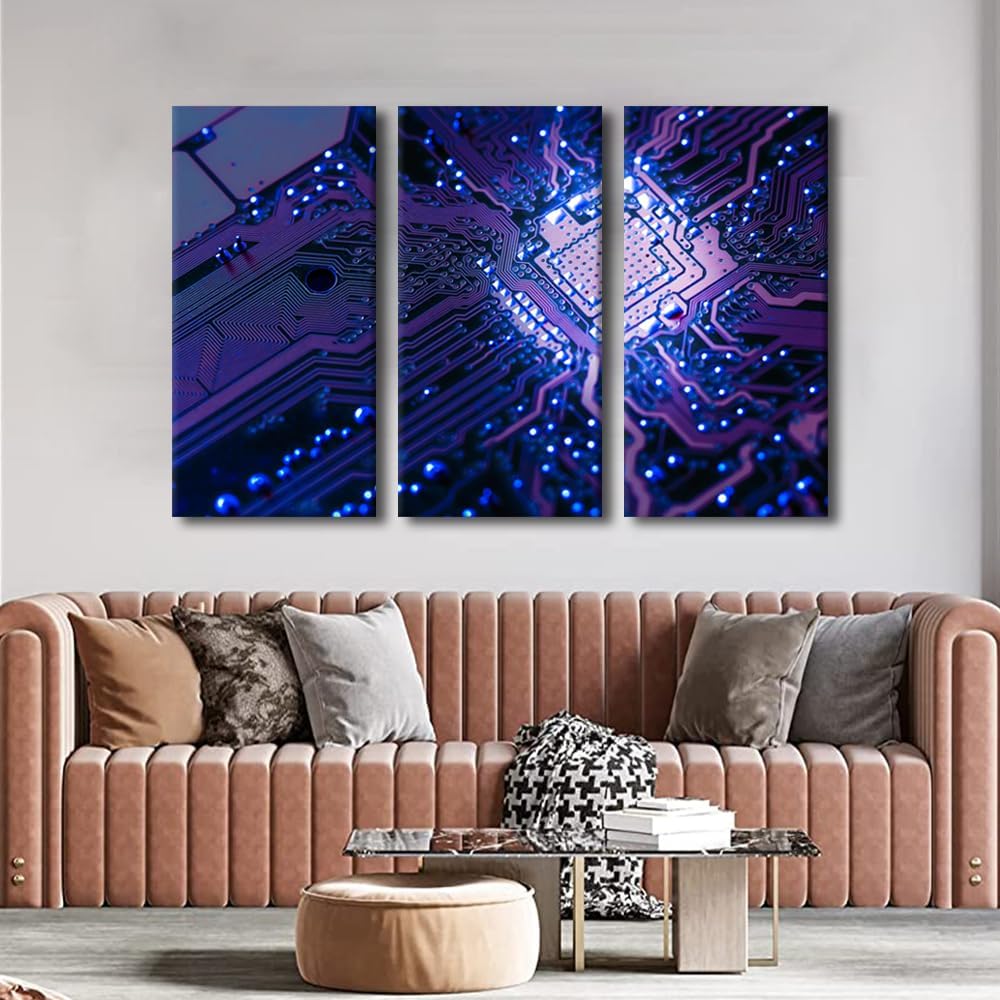 3 Pieces Canvas Wall Art Motherboard Digital Chip Computer Processors CPU Poster Wall Art Bathroom Artwork Decor Circuit Board Print on Canvas Stretched and Framed Ready to Hang (28" Wx42 H)