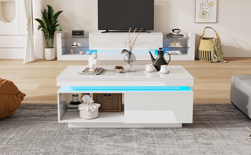 Mesa de centro minimalista alto brillo lacado y luces LED integradas 5