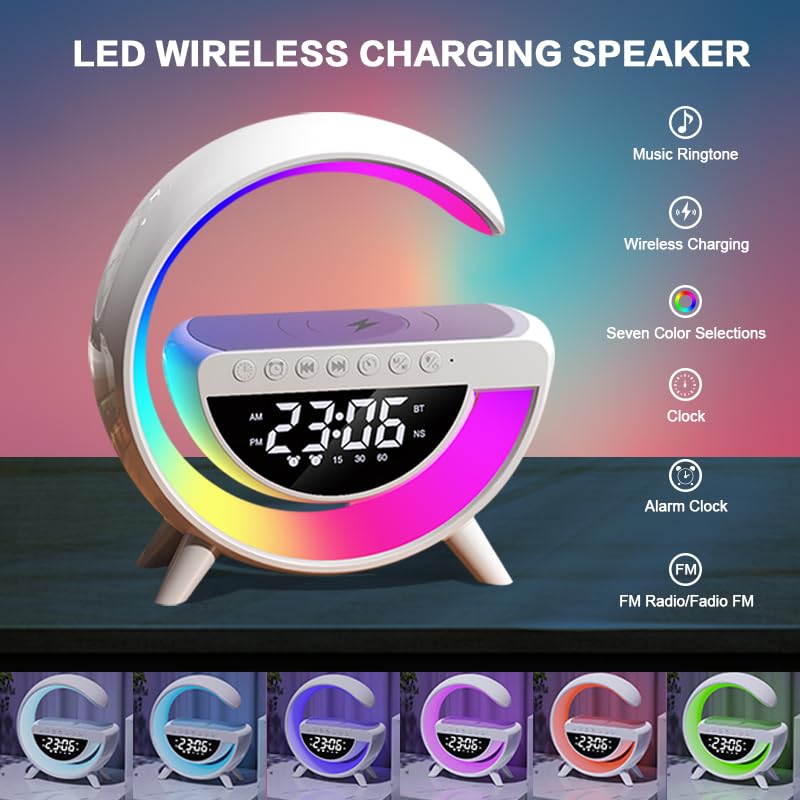 Image of Lemnoi 10 Years Warranty Smart LED Digital Alarm Clock with Bluetooth Speaker, Wireless Charger, FM Radio, Dual Alarm, RGB Night Light, Modern Bedside Clock for Home, Office & Bedroom