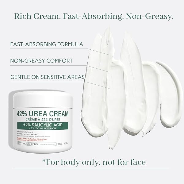 Urea Cream 42% - 2% Salicylic Acid Foot & Hand Moisturizer, 150g with Tea Tree Oil, Aloe Vera & Coconut Oil, Non-Greasy Daily Care for Men & Women (green) - 4
