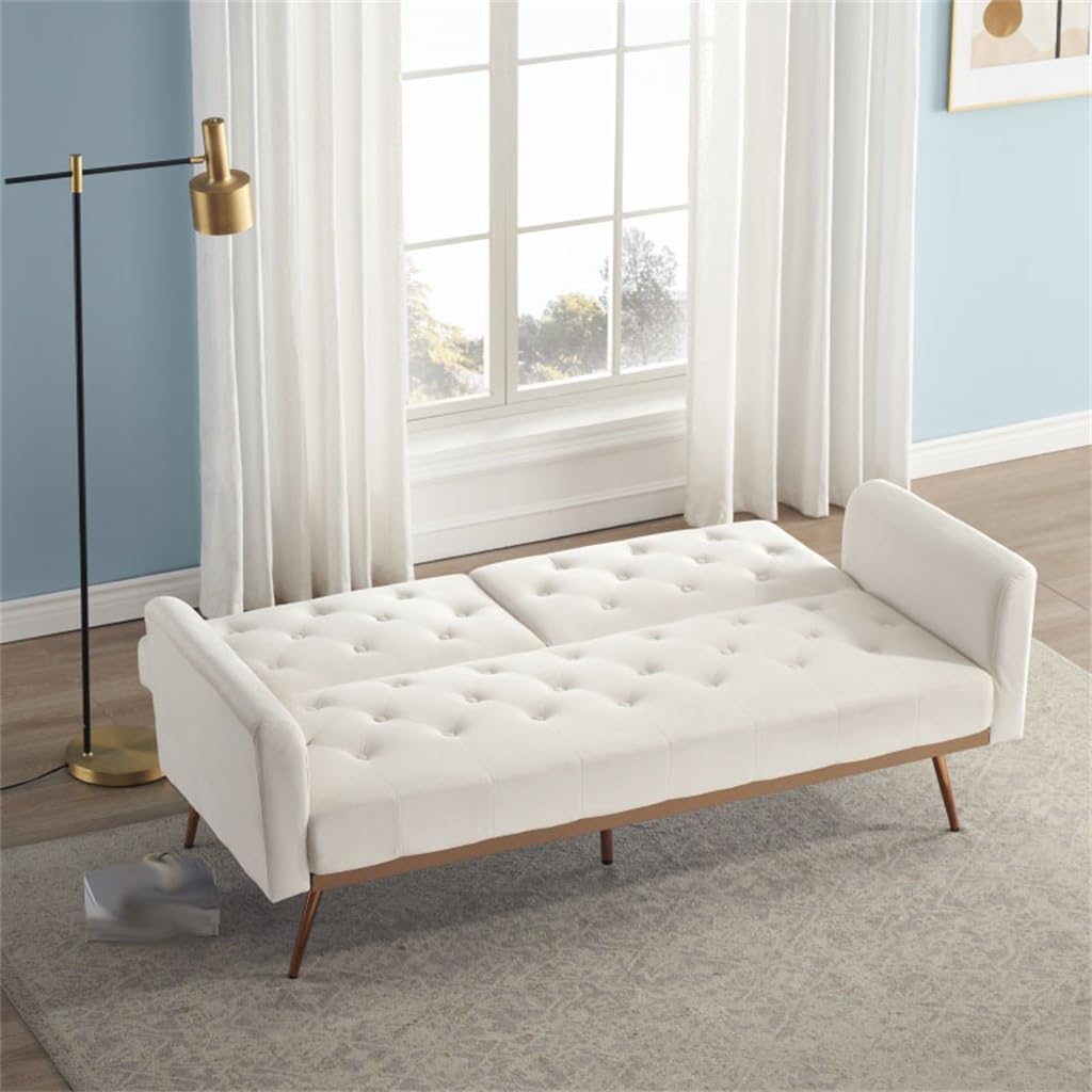 68.3" Beige Velvet Nail Sofa Bed with Throw Pillow and Midfoot for Indoor Living Room Furniture