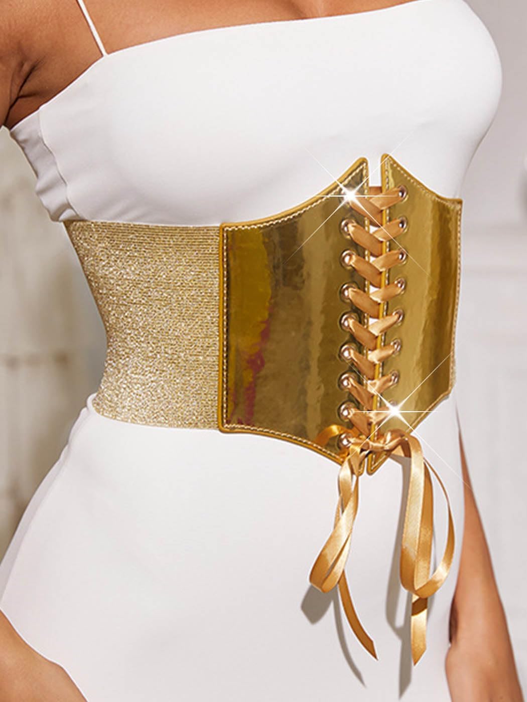 Urieo Stretchy Leather Corset Belt Elastic Black Waist Belts Wide Costume Waspie Belt for Women - Image 3