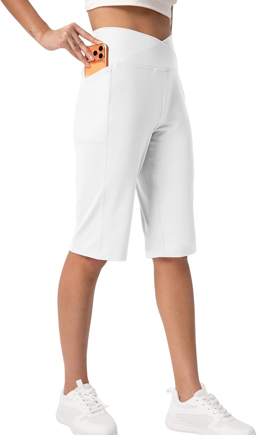 Women's Bermuda Long Shorts 14" Knee Length Capris Pants High Waisted Athletic Shorts with Pockets