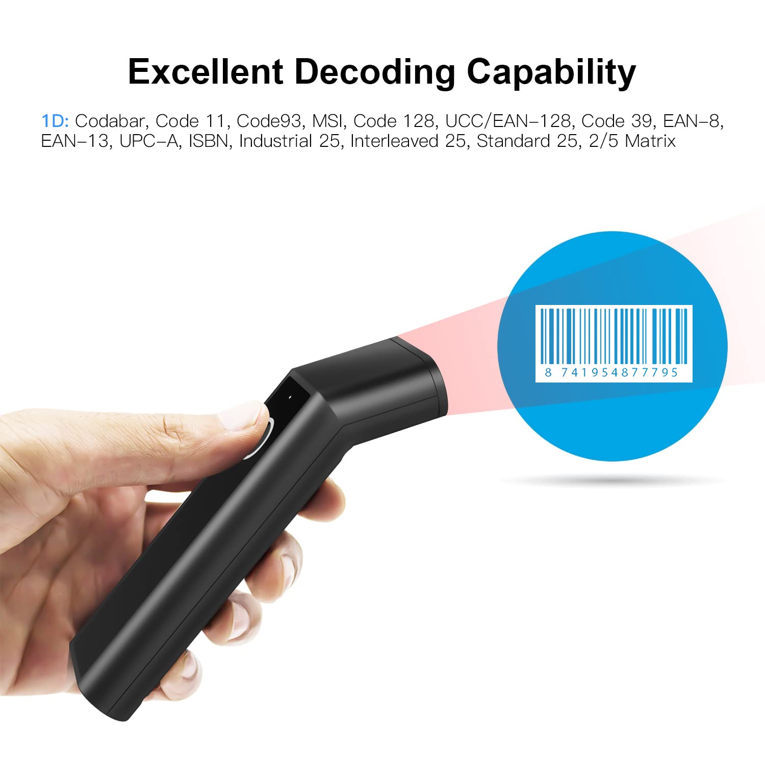 Lecteur de codes-barres 3 en 1 - Lecteur de codes-barres 1D portable - Prend en charge BT et 2,4 G sans fil et connexion filaire USB avec base de charge et de numérisation - Compatible avec