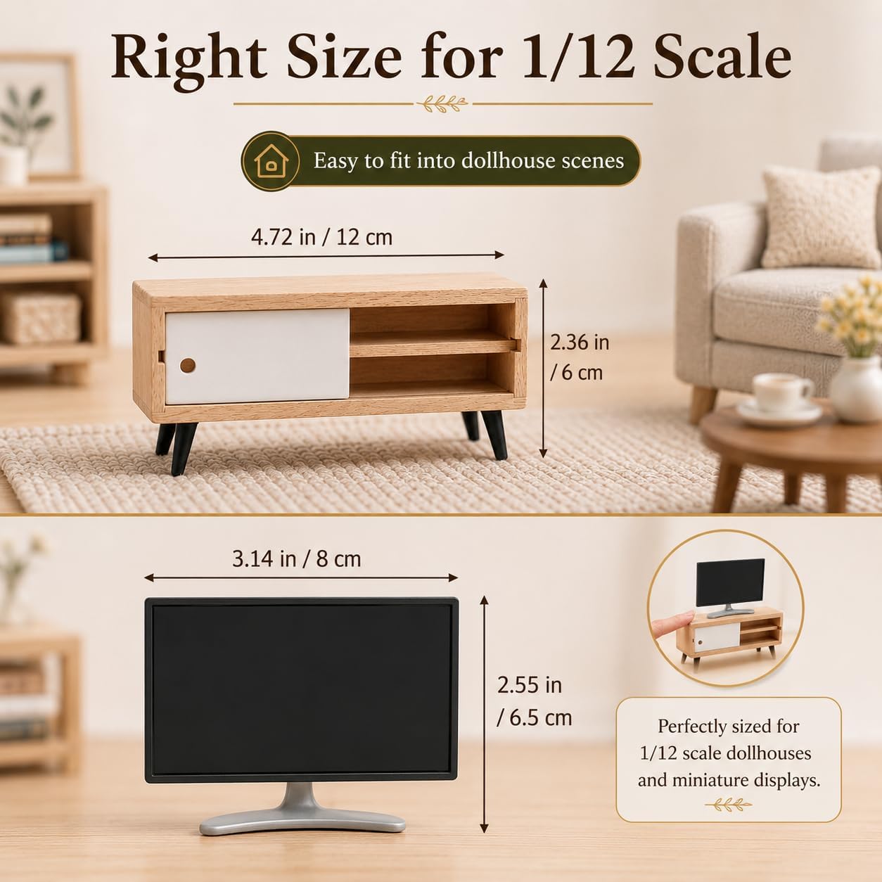 NUOBESTY Dollhouse TV and Wood Television Cabinet, 1/12 Scale Realistic Toy Monitor Modern Miniature TV Stand Mini Display Set for Doll House Living Room Furniture