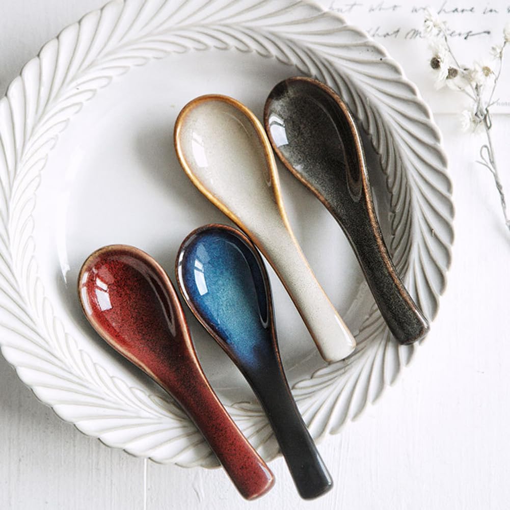 Set of 4 Asian Soup Spoons 5.6-inch Ceramic Chinese Soup Spoons, Non-slip Bottom, for Soups, Japanese Ramen, Miso, Chinese and Vietnamese Wonton, Dumplings, Pho, Noodle, and Korean Soups