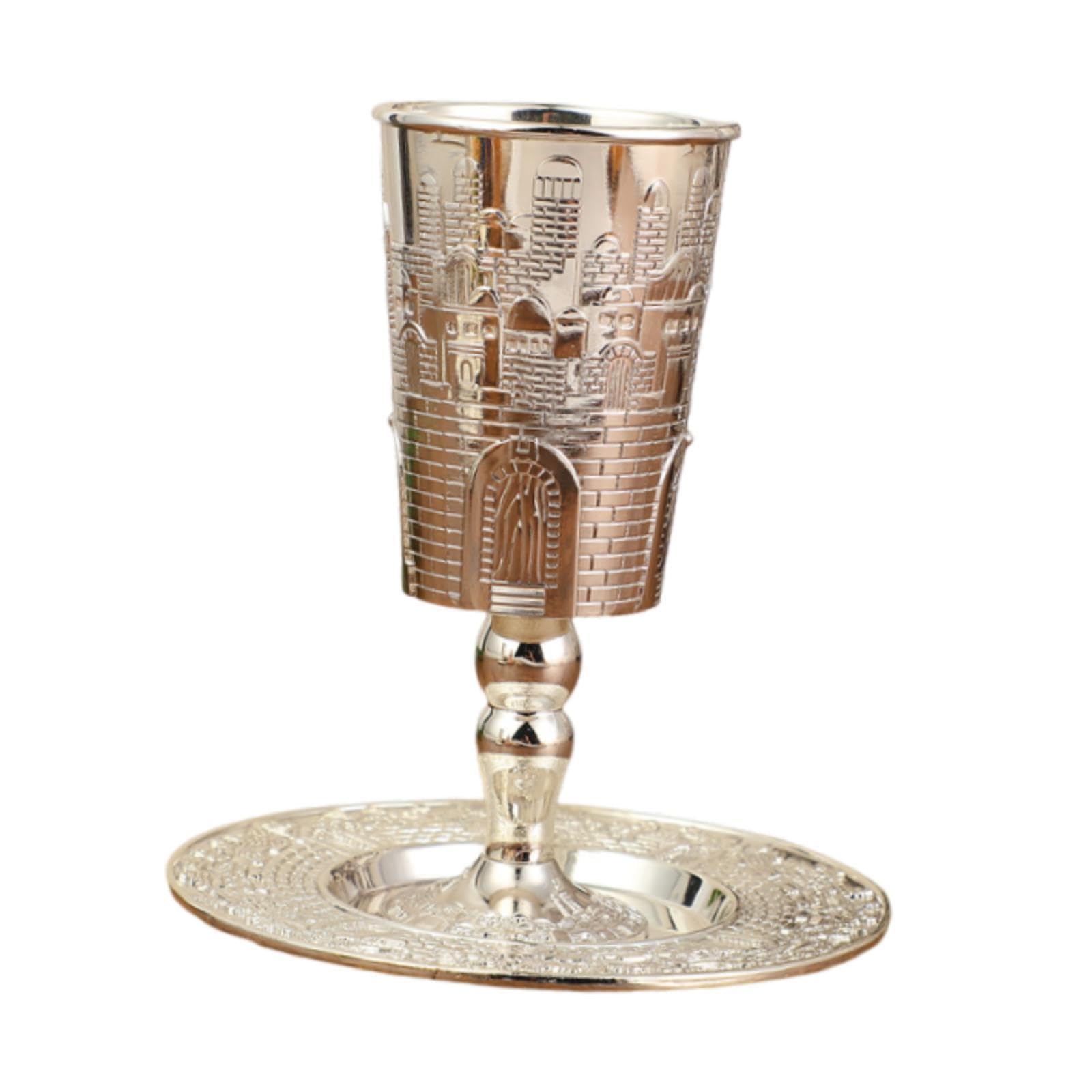 Gobelet de vin Kiddush anti-tache avec soucoupe en alliage de zinc robuste
