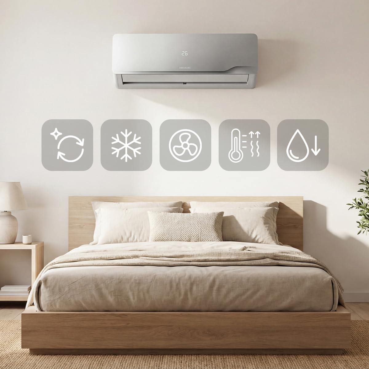 Cecotec Climatiseur Split AirClima 12000 Wind Connected Inverter, 12000 BTU, pompe à chaleur, 5 modes, classe A++, déshumidificateur 21,6 l/jour, écran LED, minuterie 24h, filtre lavable