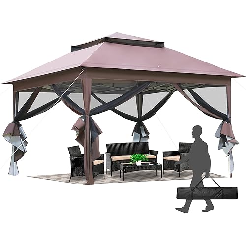 PayLessHere 10'x10' Pop Up Gazebo Outdoor Canopy Gazebo Patio Canopy Gazebo with Mosquito Netting Double Roof Tops for Outdoor Garden Backyard and Patio,Brown
