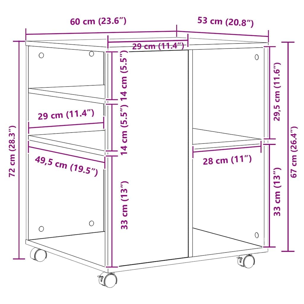 Armadio con ruote, effetto rovere, 60 x 53 x 72 cm, in legno con ruote e vano portaoggetti, organizer da scrivania per ufficio