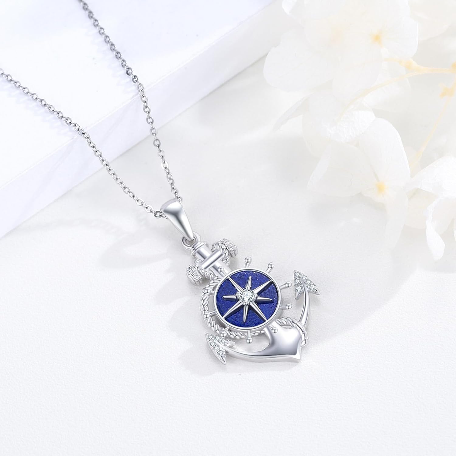 Anchor Necklace for Women 925 Sterling Silver Lapis Lazuli Necklace Compass Anchor Pendant Necklace With Lapis Lazuli Jewelry Christmas Anniversary Birthday Gifts for Mom Wife friend - Image 2