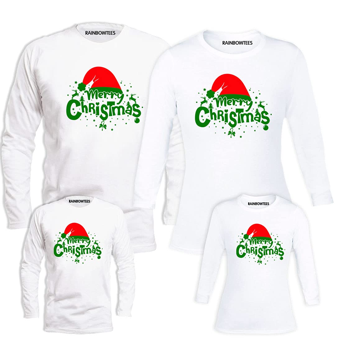 RAINBOWTEES 4Family Merry Christmas 1Color Full Sleeve Tshirts Set of 4 Men and Women Kids …