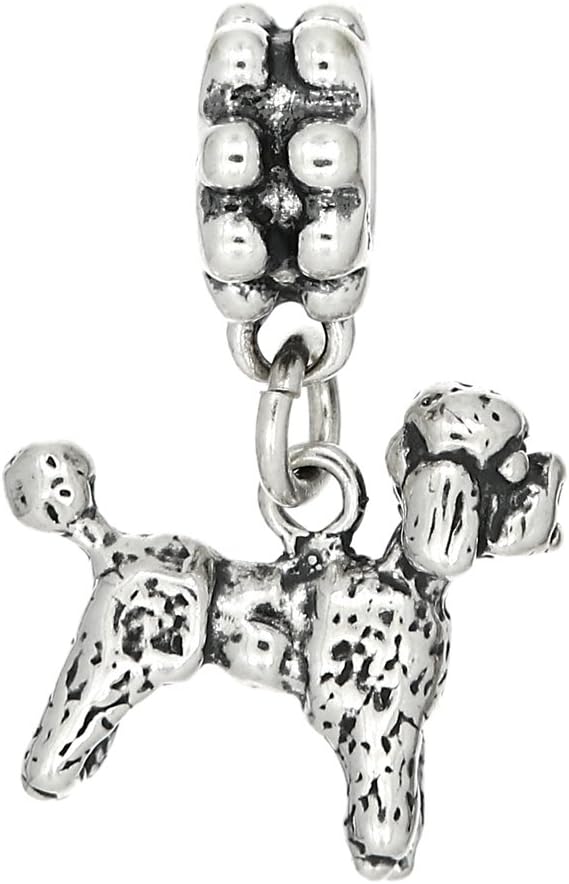 LGU Sterling Silver Oxidized Small 3D Poodle Dog Dangle Bead Charm
