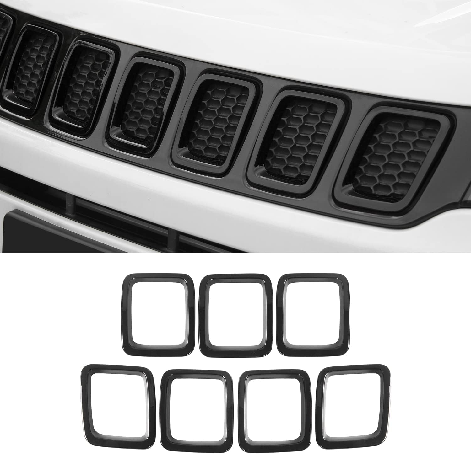 CheroCar Grille Inserts ABS Front Grill Cover Guard Exterior Accessories for Jeep Compass 2017-2020,Black