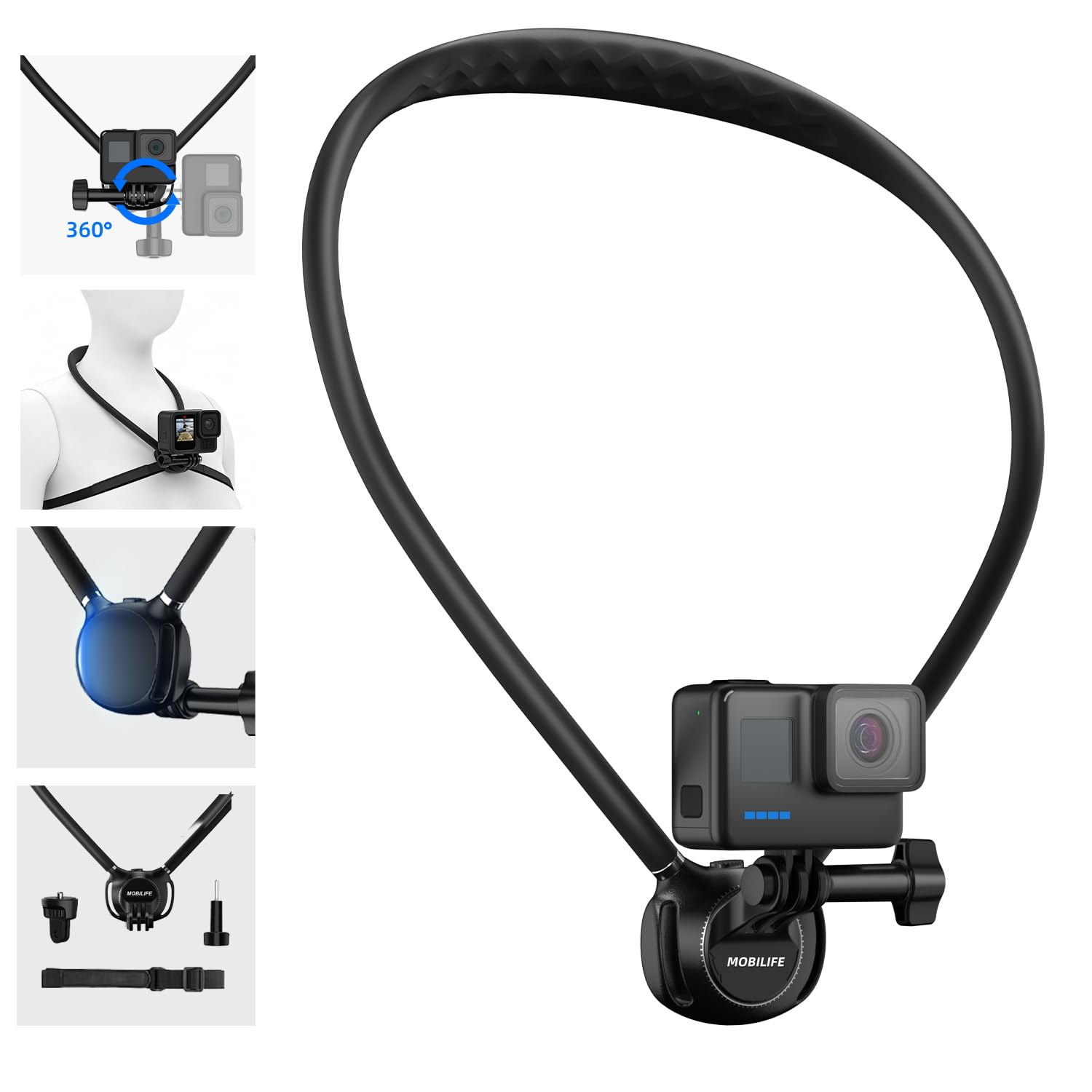 MOBILIFE Action Camera Neck Mount Hands-Free POV Neck Holder 360° Adjustable Ergonomics Silicone Gooseneck Anti-Shake Chest Strap Air Cushion for GoPro Hero 13/12/11/10/MAX, Insta 360 X Series