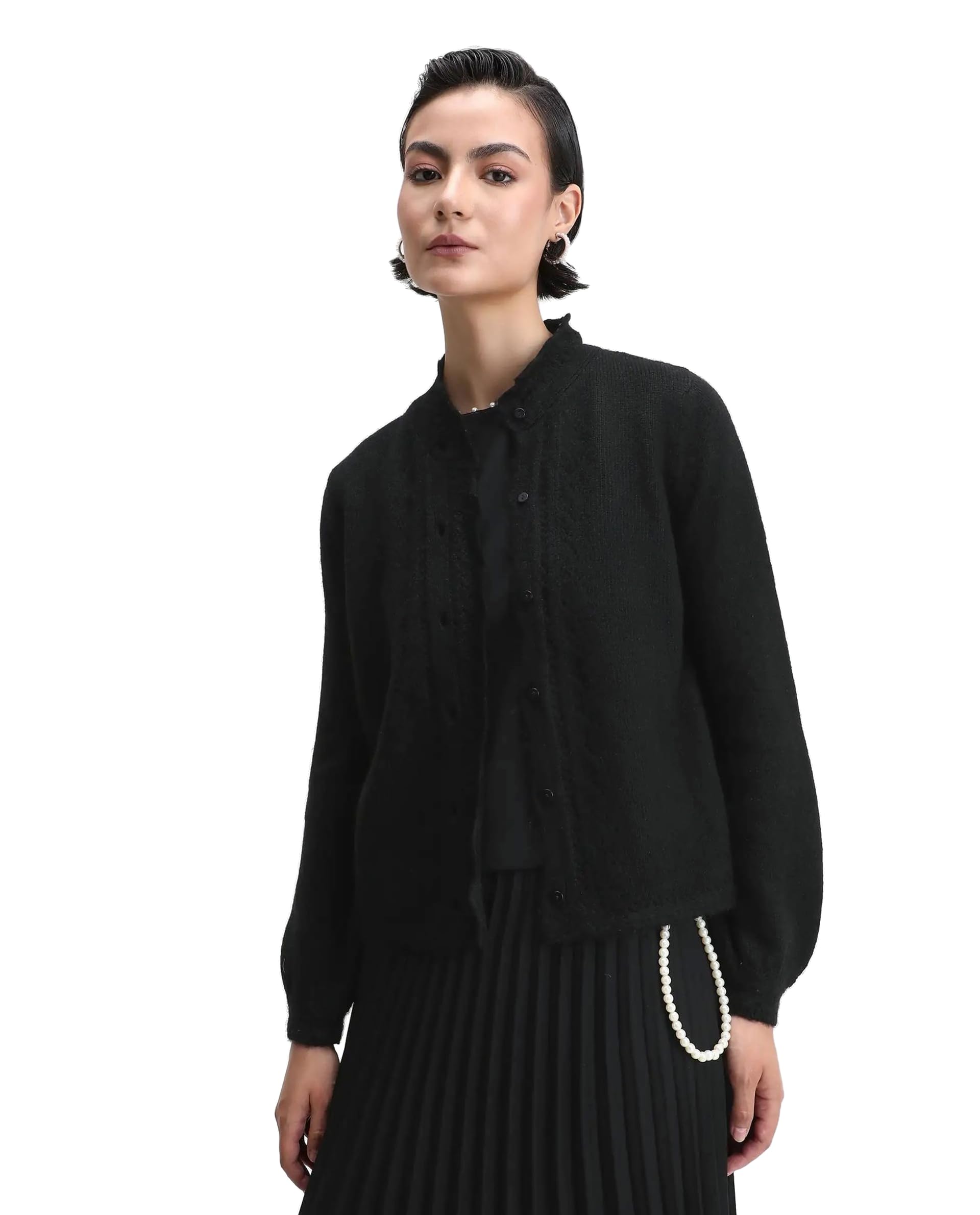 rareism Regular Solid Black Acrylic Blend Round Neck Long Sleeve Shrug-picture-15