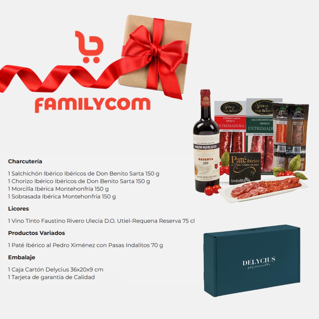 FAMILYCOM. Cesta Navidad Gourmet. Surtido con Ibericos para Regalo. Lote de Ibericos, Embutidos, Selección de Vino, Sobrasada, Morcilla, Paté.