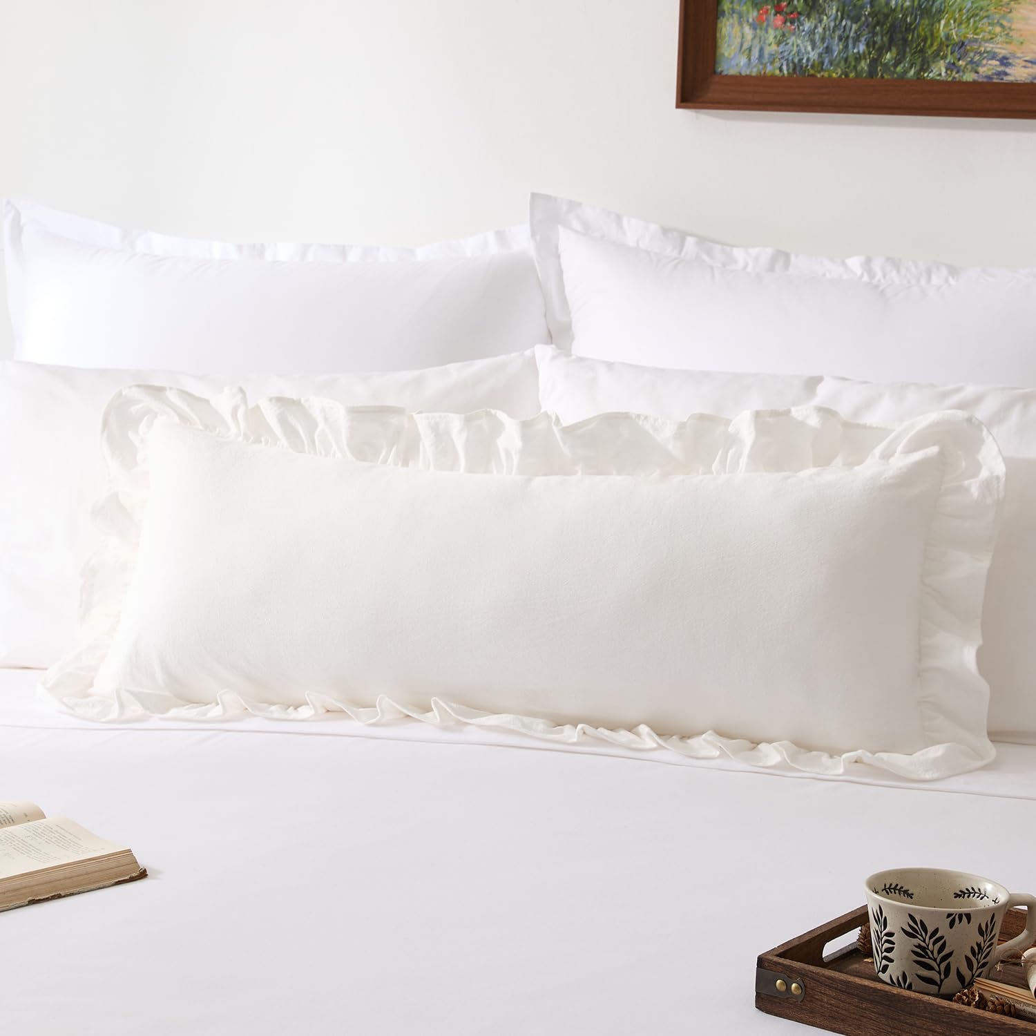 100% Cotton Ruffles 14x36 Inch Long Lumbar Pillow Cover 1 Pack, Pure White