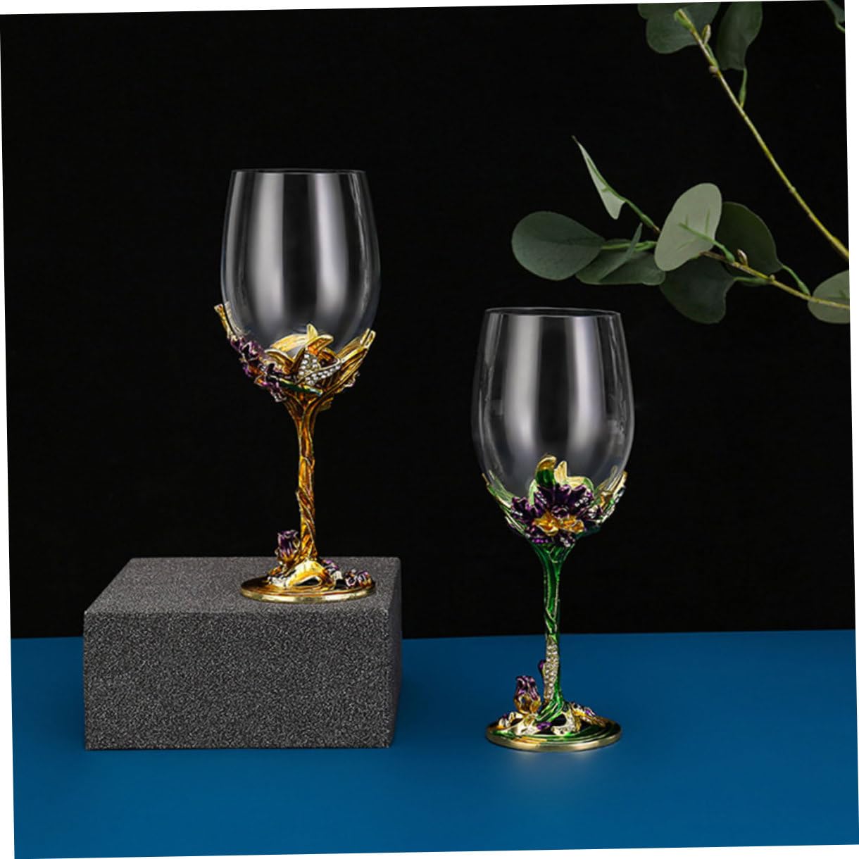 Copas de Vino Esmaltadas Doradas 2 Piezas Cristal Transparente Diseño de Flor Iris Cristalería para Hogar Boda y Bar Vasos Decorativos para Whisky y Celebraciones