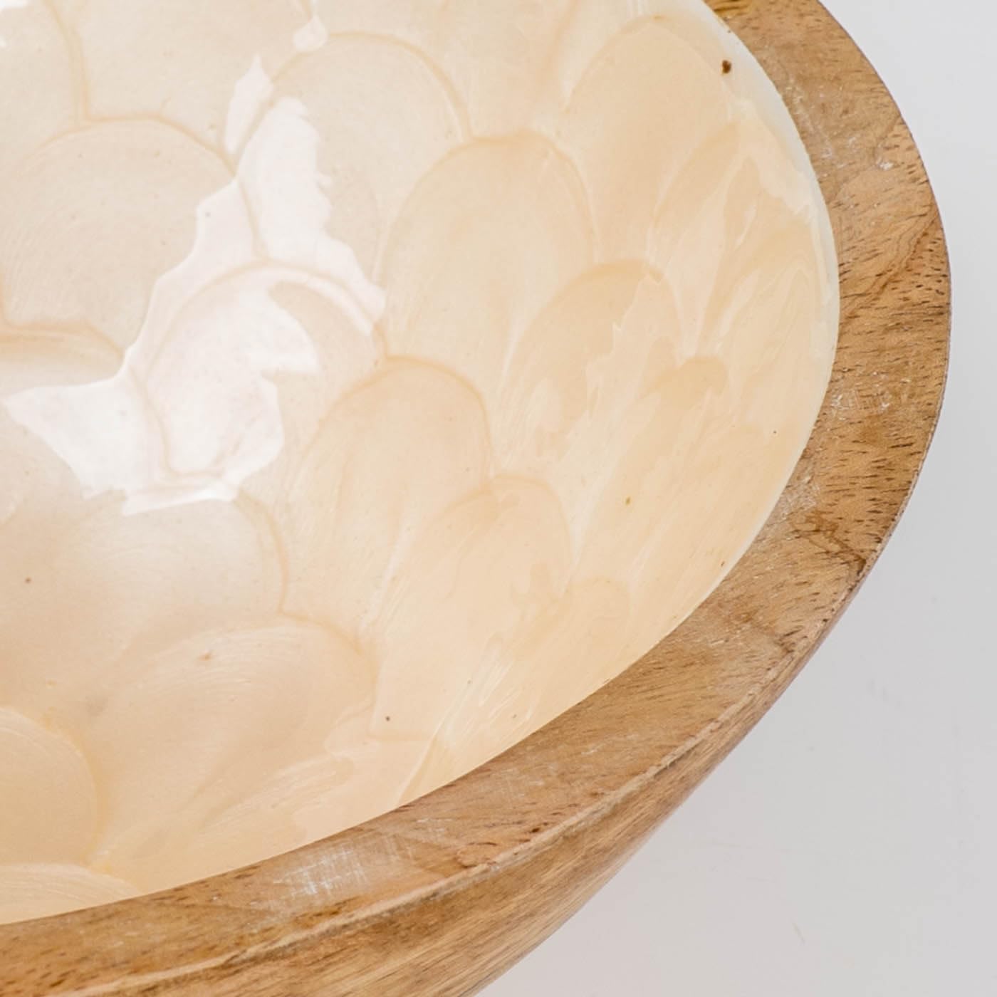 levandeo Schüssel 35cm Mango Holz Creme Perlmutt Emaille Schale Bowl Salatschüssel Deko Servierplatte Tischdeko Dekoration