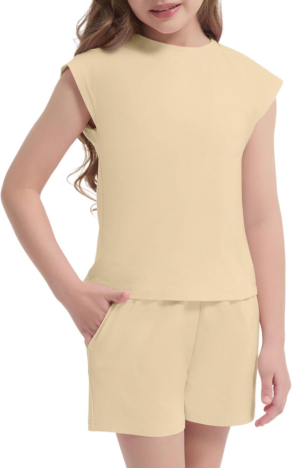 Phedrew Girls 2 Piece Summer Outfits Cap Sleeve Shirt and Elastic Waist Shorts Casual Clothing Set (5-14 Years)