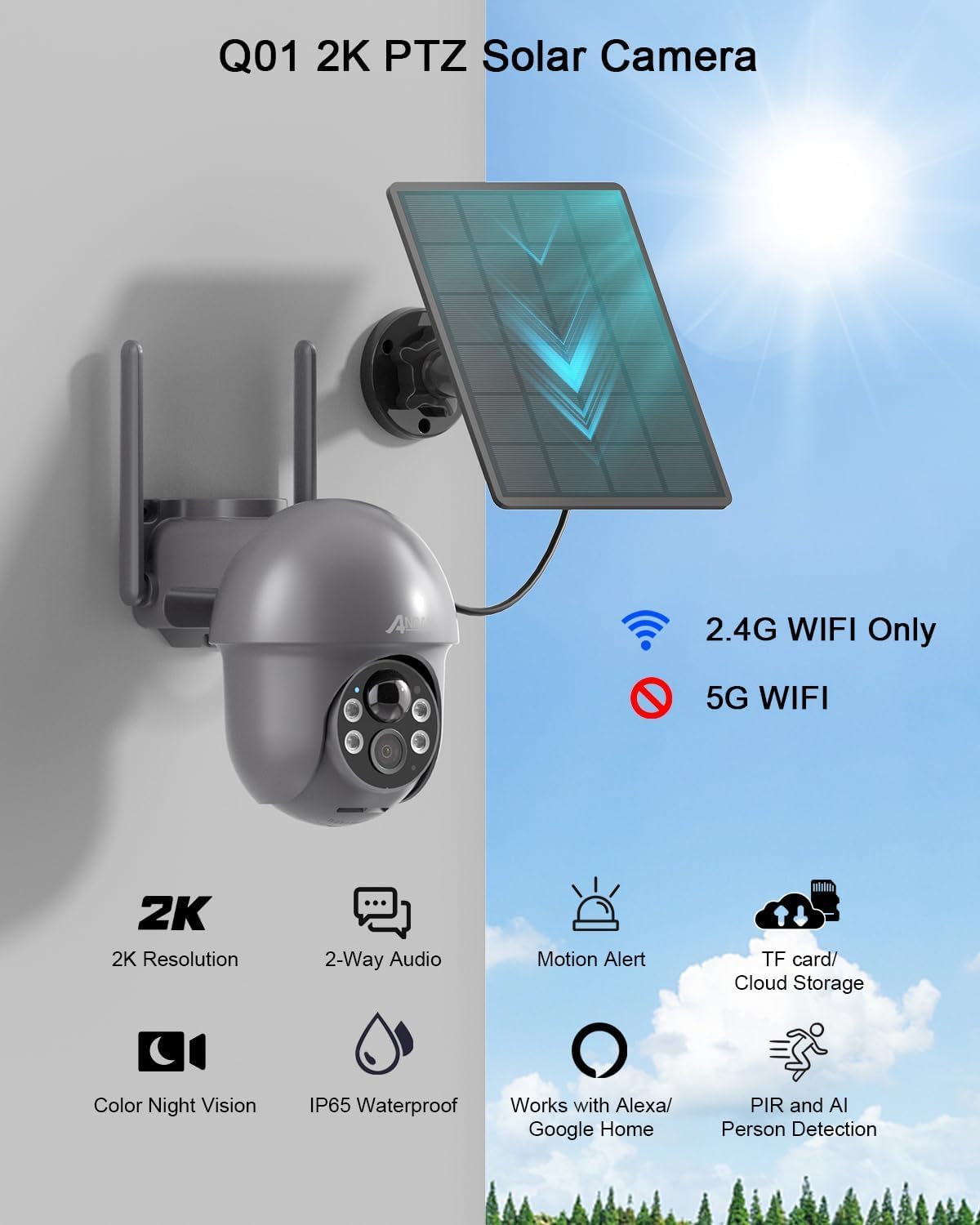 ANRAN 2K Caméra Surveillance WiFi sans Fil, Panneau Solaire+Batteries, 360° Pan/Tilt, Détection Mouvement PIR, Couleur Vision Nocturne Alarme Audio, SD/Cloud, Compatible Alexa, Gris