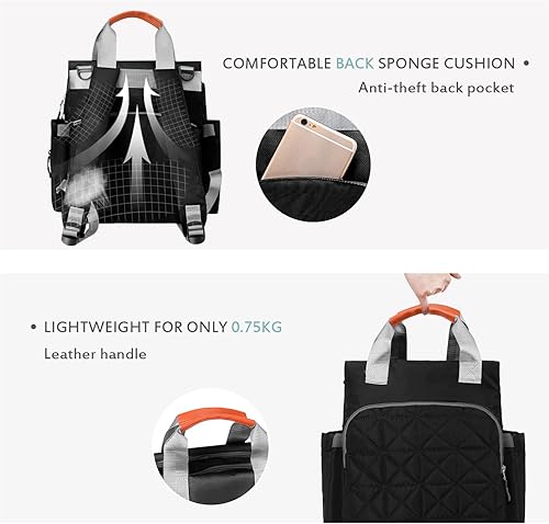 Miniatura 5 de Mochila multifuncional para pañales, bolsa cambiadora de pañales impermeable de gran capacidad con cambiador y correas para cochecito, Negro -,